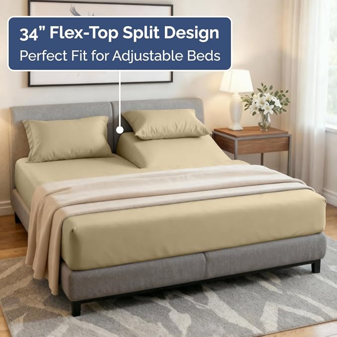 Flex Top Split Head King 4 Piece Sheet Set - Comfy Breathable & Cooling Bed Sheets Set - Hotel Luxury Bedding for Women, Men, Kids, Teens, Boys & Girls - Deep Pockets, Ultra-Soft - Oeko-Tex - Beige