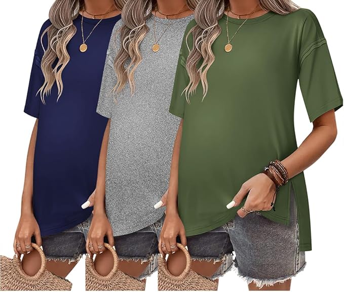 Ekouaer Maternity Shirts 3 Packs Short Sleeve Womens Oversized Pregnancy Tops Split Side Postpartum Blouse Clothes S-XXL