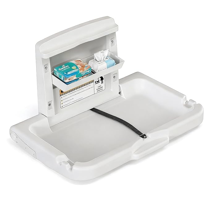 BELZAR Commercial Wall Mounted Baby Changing Station – ADA Compliant, Fold Down Heavy Duty Horizontal Diaper Changing Table with Safety Strap & Paper Liner Holder, For Public Restrooms/Hotels/Airports
