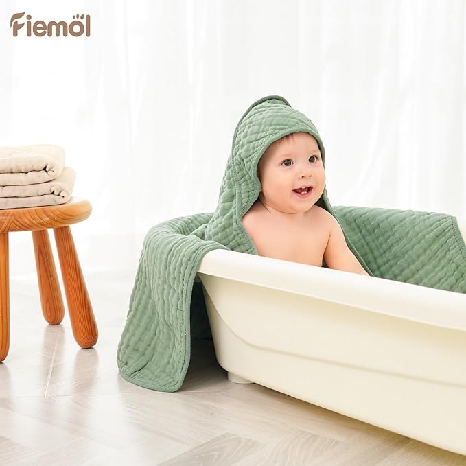 Baby Bath Towels, 100% Muslin Cotton Hooded Baby Towels for Newborn, Baby Towels with Hood for Infant Toddler and Kids, Large 32x32Inch, Soft and Absorbent