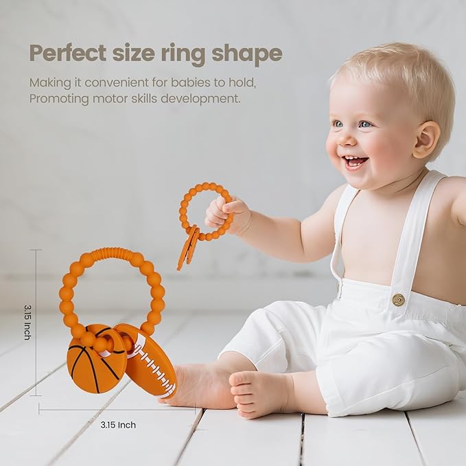 Silicone Baby Ring Toy with Basketball,American Football Teethers,Must Haves Teething Relief Chew Toys for 3-6,6-12 Months Boys and Girls,Newborns Essentials,Safe and Soft,BPA Free.