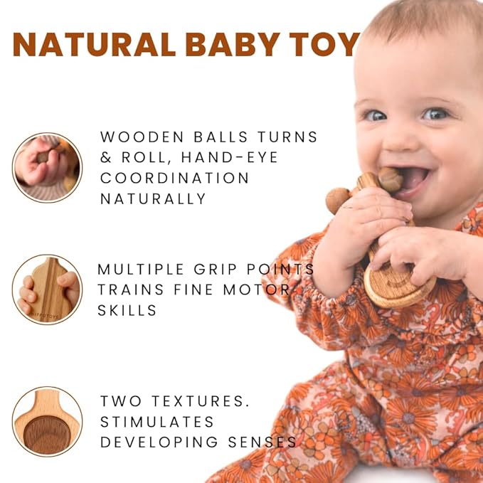 Wooden Guitar Teether Rattle for Babies | Natural Beechwood & Walnut Wood | Non-Toxic Organic Teething Toy | 0-12 Months | ASTM EN71 CPSC Certified | Gift for Baby Shower