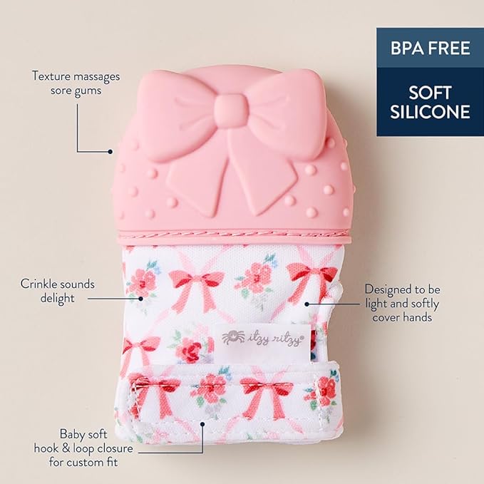 Itzy Ritzy Silicone Teething Mitt - Soothing Infant Teething Mitten with Adjustable Strap, Crinkle Sound & Textured Silicone to Soothe Sore & Swollen Gums - for Ages 3 Months & Up (Bow)