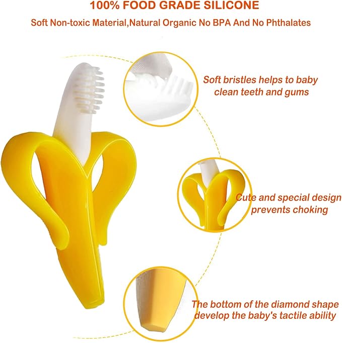 Finger Baby Toothbrush and Banana Teether, Soothing Pain Relief Silicone Baby Teething Toy for Babies, Toddlers, Infants, BPA Free, Soothes Babies Sore Gums(1 Teether 2 Finger Toothbrushes)