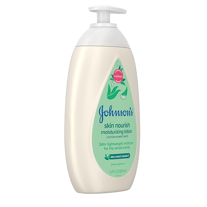 Johnson's Skin Nourish Moisturizing Baby Lotion with Aloe Vera Scent & Vitamin E, Gentle & Lightweight Body Lotion for The Whole Family, Hypoallergenic, Dye-Free, 16.9 fl. oz (Pack of 2)