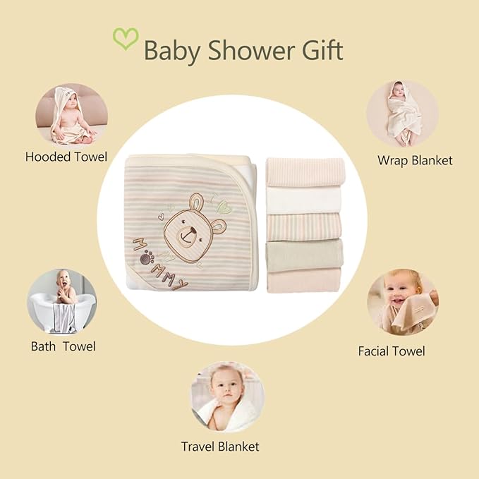 6-Pack Organic Cotton Baby Bath Set - Ultra Soft Embroidered Hooded Towel and 5 Washcloths, Premium Gentle Newborn, Toddlers Gift for Sensitive Skin, Stripes, 30 x 30 Inch