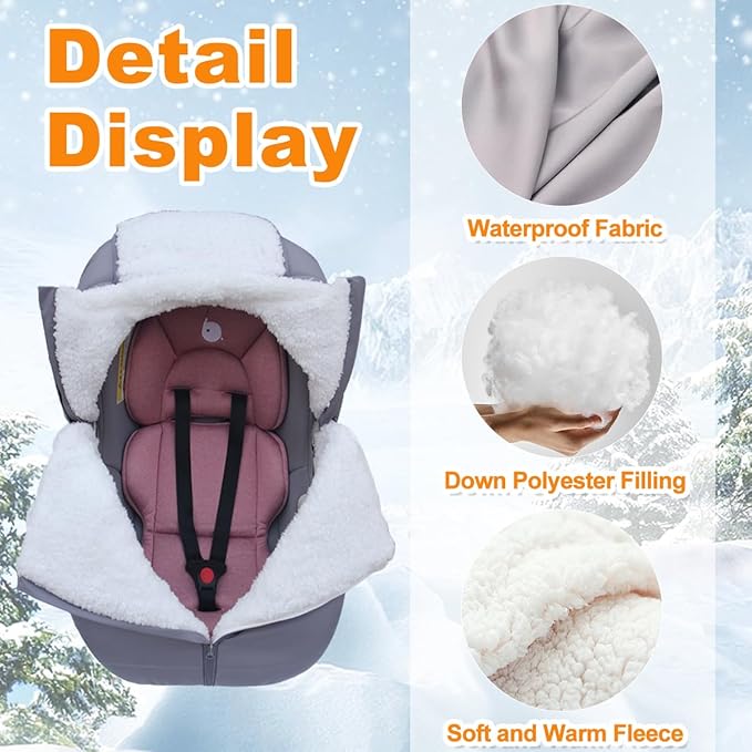 Winter Baby Car Seat Cover - Warm Infant Carseat Bunting Bag Blanket for Newborn Baby Boys Girls - Cold Weather Windproof Carrier Canopy for Travel -Universal Carseat Covers Canopies with Zips (Grey)