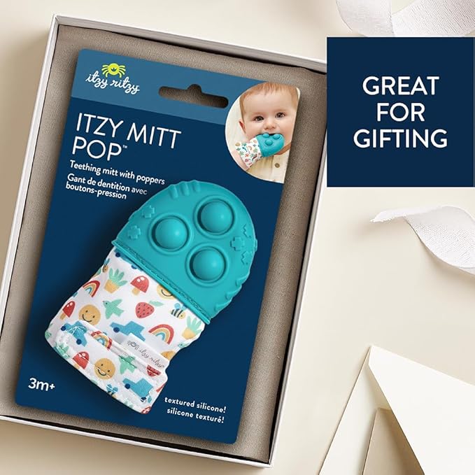 Itzy Ritzy Silicone Teething Mitt - Soothing Infant Teething Mitten with Adjustable Strap, Crinkle Sound & Textured Silicone to Soothe Sore & Swollen Gums - for Ages 3 Months & Up (Teal)