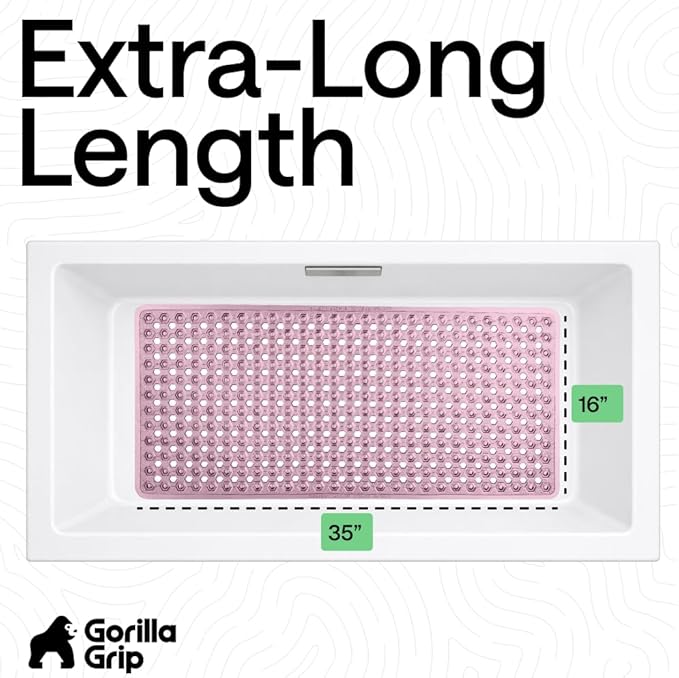 GORILLA GRIP Patented Bath Tub Shower Mat, Machine Washable Bathtub Floor Liner Mats, Suction Cups and Drain Holes to Keep Tubs Clean, Soft on Feet, Bathroom Essentials, 35x16 Inch, Clear Purple