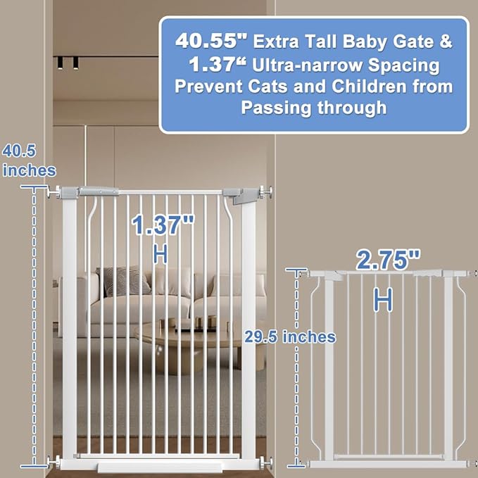 40.55" Extra Tall Baby Gate for Stairs-60.3"-65.7" Wide 1.37" Ultra Narrow Spacing Extra Wide Pet Cat Gate Dog Gate-Auto-Close Pressure Mounted Dog Door for Pets and Kids,White