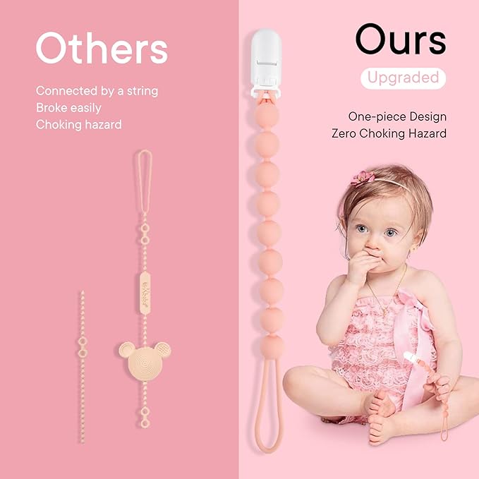 Pacifier Clips Baby Girl, 4 Pack One Piece Flexible Soft Binky Clips Silicone Pacifier Holder Clip for Girls, Baby Girl Newborn Essentials