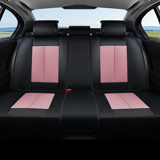 Coverado Car Seat Covers, Back Seat Cover, Rear Car Seat Cover, 3-Pieces Waterproof Car Seat Cushion, Car Seat Protector, Faux Leather Seat Cover Seat Protector Universal Fit Most Cars, Black&Pink