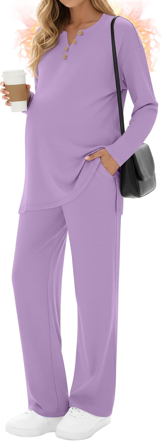 2 Piece Thermal Maternity Lounge Set Postpartum Pregnancy Fleece Loungewear Long Sleeve Top and Wide Leg Pant