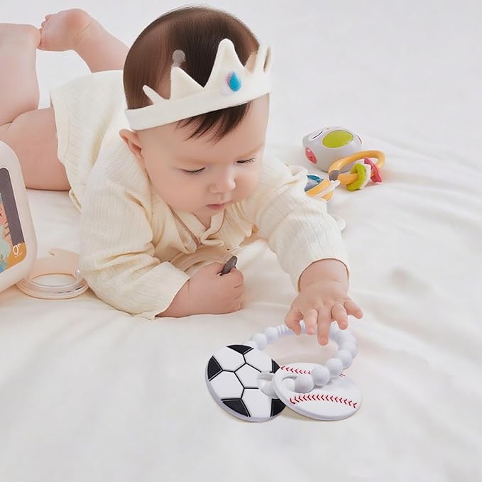 Silicone Baby Ring Toy with Baseball,Soccer Teethers,Must Haves Teething Relief Chew Toys for 0-6,6-12 Months Boys and Girls,Newborns Essentials,Safe and Soft,BPA Free.