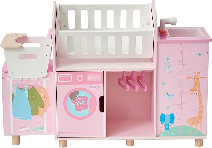 Olivia's Little World Amanda 6-in-1 Wooden Doll Nursery Station with Rocking Cradle, High Chair, Storage, Washing Machine and Sink - for 3 yrs and up, Pretend Play House, Daycare - Pink/Multi