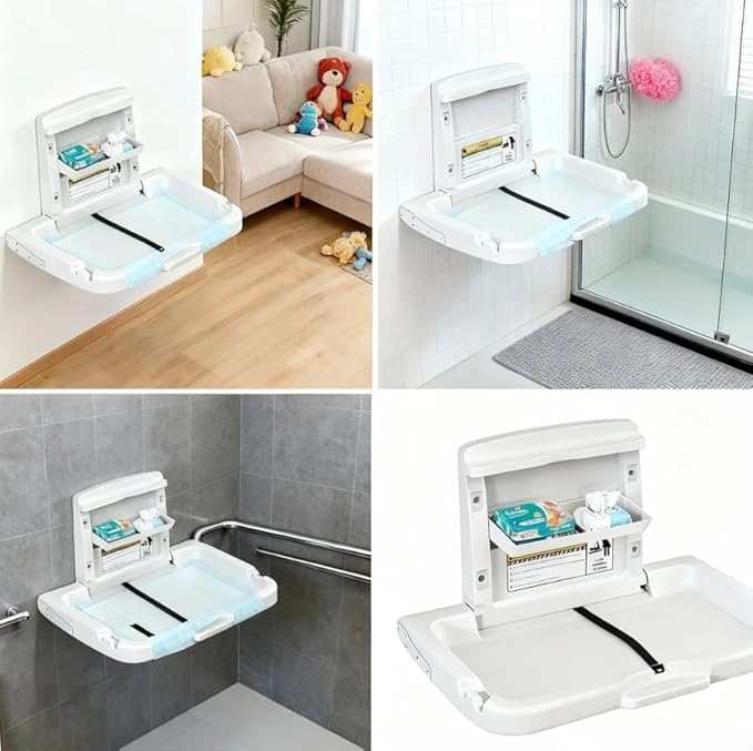 BELZAR Commercial Wall Mounted Baby Changing Station – ADA Compliant, Fold Down Heavy Duty Horizontal Diaper Changing Table with Safety Strap & Paper Liner Holder, For Public Restrooms/Hotels/Airports