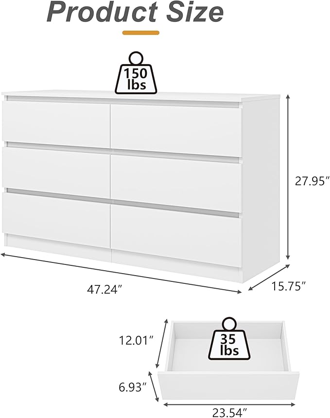 White 6 Drawer Dresser for Bedroom,Modern Deep Drawer Dresser with No-Handle Design,Wide Storage Chest of Drawers,Wood Bedroom Storage Organizer Furniture for Closet,Hallway