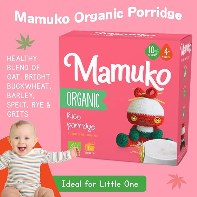 MAMUKO Organic Porridge - Rice porridge with No Added Sugar, Milk & Preservatives - High Fiber porridge Developed with EU Experts - Healthy porridge Ideal for Little Ones from 4+ Months - 2 Pack