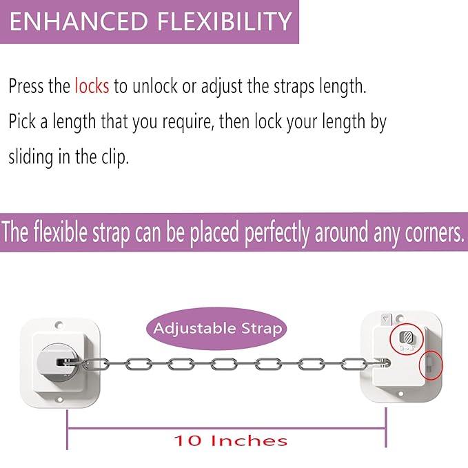 Child Proof Door Lock with Adjustable Strap, Cat Door Latch 3M Adhesive Safety Locks for Baby, Dementia & Pets, No Tools Needed 4 Pack
