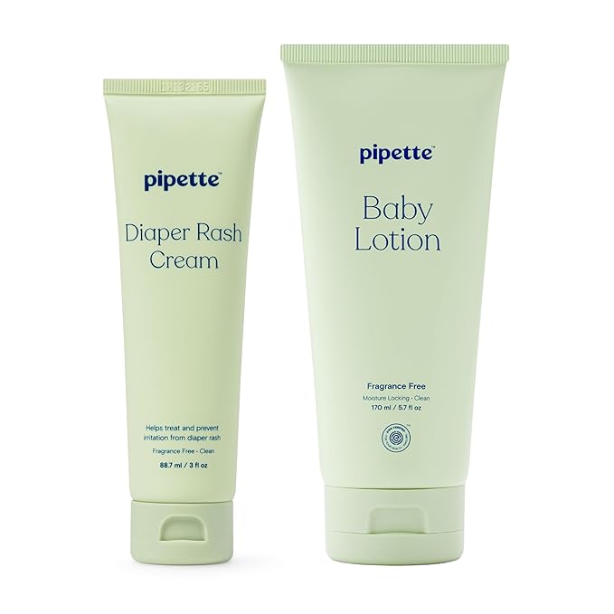 Pipette Fragrance Free Sensitive Skin Soothers Set, Pack of 2, Includes Fragrance Free Baby Lotion and Diaper Rash Cream, Baby Lotion for Newborn, Sensitive Skin, and Kids, Non-Toxic, Hypoallergenic