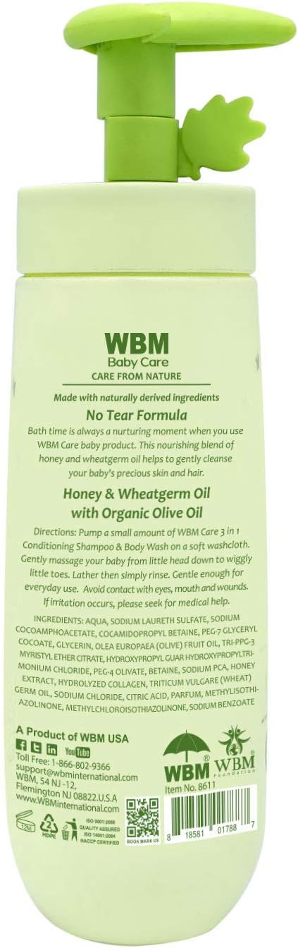 WBM Care 3-in-1 Baby Shampoo, enriched with honey, wheatgerm, and organic olive oil, nourishes baby hair with a gentle, tear-free formula for healthy care