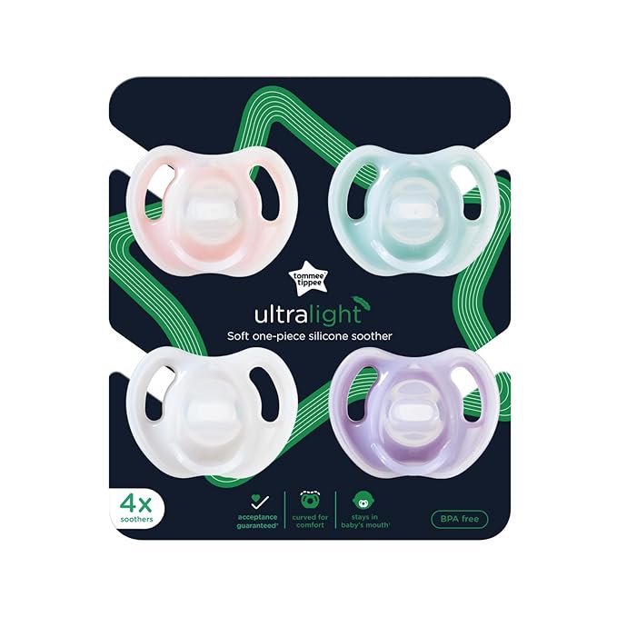 Tommee Tippee Ultra-Light Silicone Pacifier,0-6 Months,Symmetrical One-Piece Design,BPA-Free Silicone Binkies,Pink/Purple/Green,(Pack of 48)