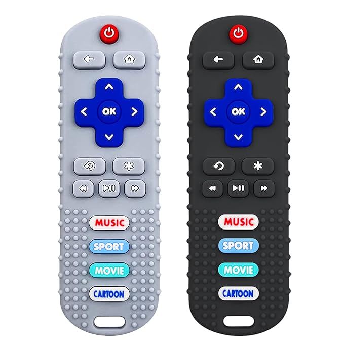 2-Pack Baby Remote Control Teether Toy for Babies 0-18 Months Silicone Infant Teething Toys Boys Girls Infants Teething Toys (Black + Gray)
