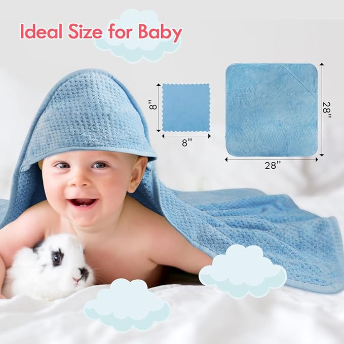 Orighty Baby Hooded Towel with Five Washcloths, 28 x 28 Inch Super Soft Bath Towel with Hood for Babies, Infant, Newborn Essential - Ideal Baby Stuff Registry for Boys and Girls (Blue) (Pack of 2)