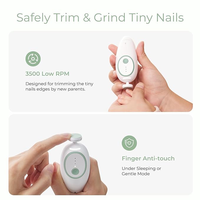 Momcozy Baby Nail File Electric, Gentle Baby Nail Trimmer Electric, Baby Nail Clipper with Night Light, 7 Grinding Head Replacement Pads, Green