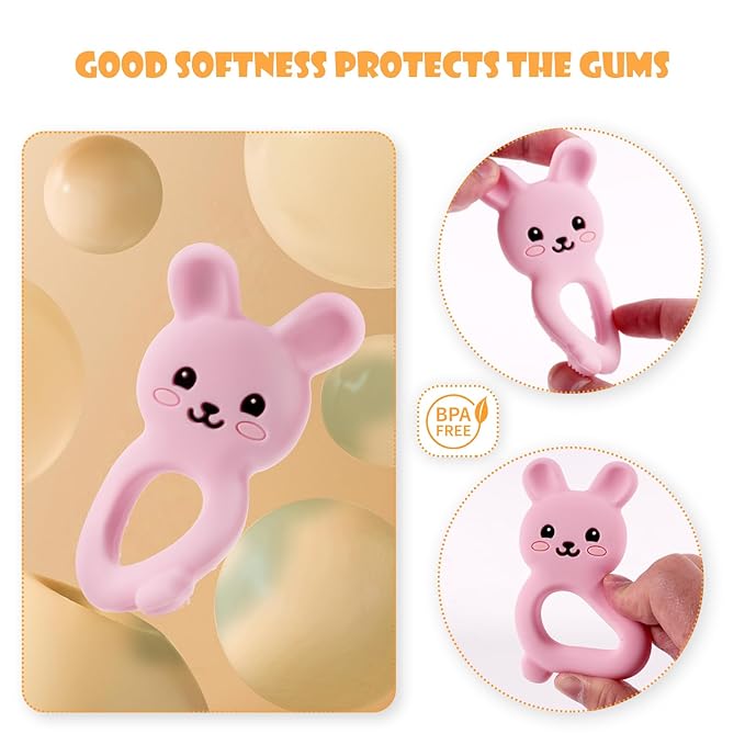 Baby Bunny Teether, Food-Grade Silicone Toy for Infants 3–12 Months, Easy-Grip Chew Toy with Textured Ears for Sensory Exploration, Freezable & Dishwasher Safe (Pink)