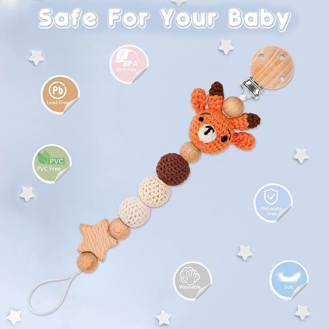 Pacifier Clip, Cute Animal Pacifier Holder Clip for Boys and Girls, Most Pacifiers, Baby Teethers, Baby Shower and Baby Essentials(Deer)