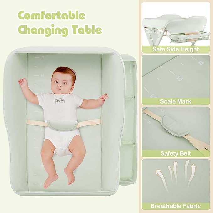 INFANS Baby Changing Table with Wheels, Portable Folding Diaper Station Nursery Organizer with Storage Basket, Hanging Rack, Adjustable Height, Safety Belt for Newborn Infant (Green)