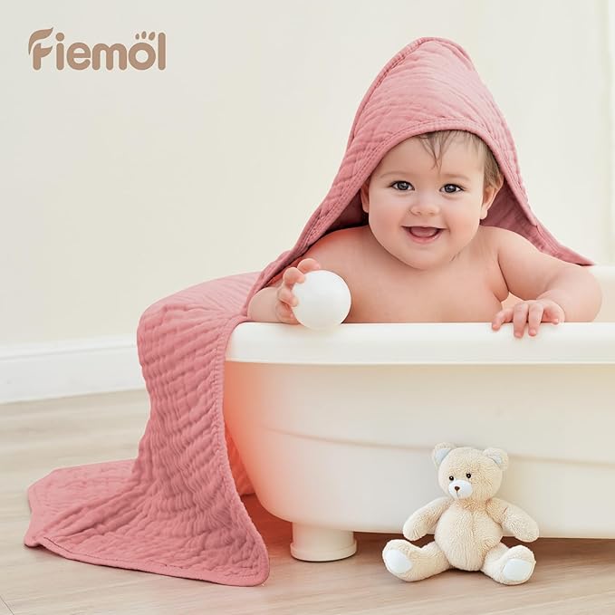 Baby Bath Towels, 100% Muslin Cotton Hooded Baby Towels Girl for Newborn, 2 Pack Pink Baby Towels with Hood for Infant Toddler and Kids, Large 32x32Inch, Soft and Absorbent