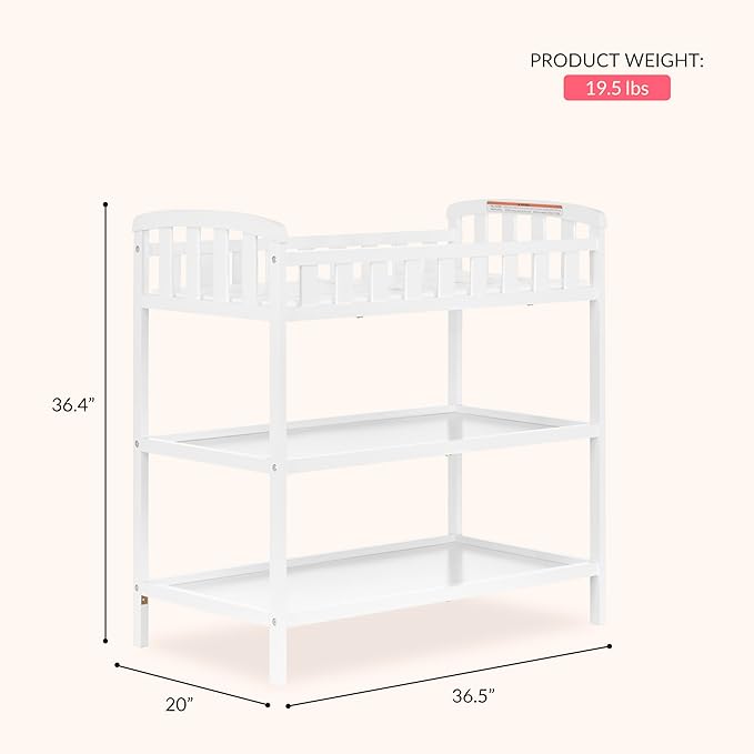 Dream On Me Emily Changing Table, Compact and Lightweight, Solid New Zealand Pinewood, Elevated Safety Rails, Two Storage Shelves, Includes Water-Resistant 1" Changing Pad — White