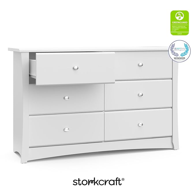 Storkcraft Crescent 6-Drawer Dresser (White) – GREENGUARD Gold Certified, White Dresser for Bedroom, Kids & Nursery Storage Chest, Safety Interlocking Drawers, Pre-Installed Tracks, Kids Chest