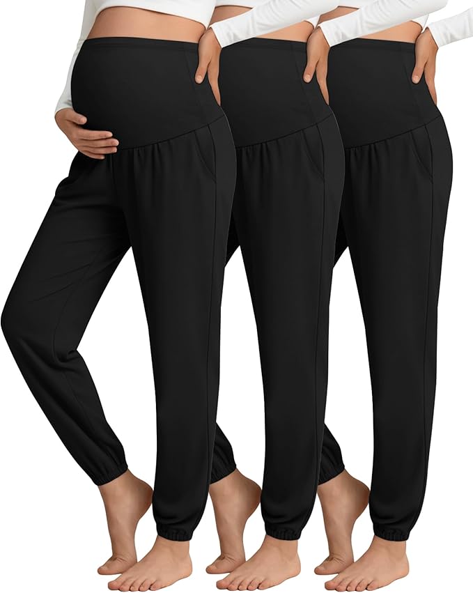 3 Pack Women's Maternity Pants Maternity Jogger Sweatpants Over The Belly Stretchy Pregnancy Pants with Pockets
