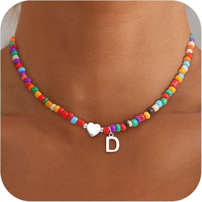 Valentines Day Gifts for Kids Women Girls - Colorful Beaded Initial Necklace Teen Girls Trendy Stuff Dainty Letter Choker Necklace Valentines Day Gifts for Her Mom Wife Jewelry