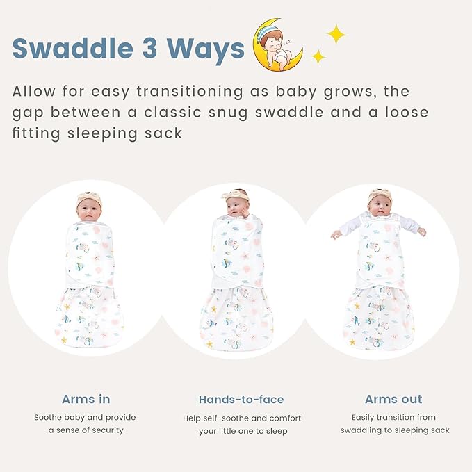ZIGJOY Sleep Sack Swaddle 1.0 Tog Baby Wearable Blanket 100% Cotton Adjustable Silent Transition Swaddle Blanket, 0-6 Months, Ocean