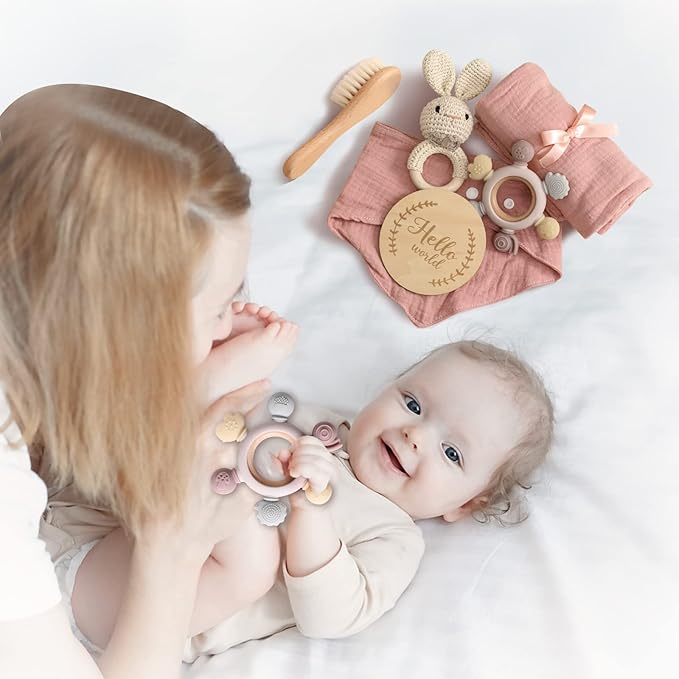YOUUYS Baby Gift Set for Newborn - Baby Essential Bath Basket Easter Gift Set with Baby Blanket Baby Rattle Teether Toy & Hair Brush Newborn Shower Gift for Easter Day Baby Girls Boys 6PCS (Bunny)