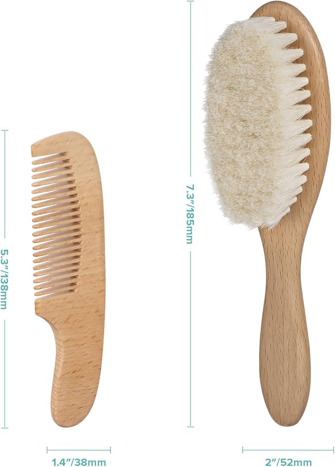 BumbleBee Newborn Baby Hair Brush & Comb Set - Wooden Brush with Soft Wool Bristles, Cradle Cap Brush for Boys, Girls & Toddlers, Sandwood