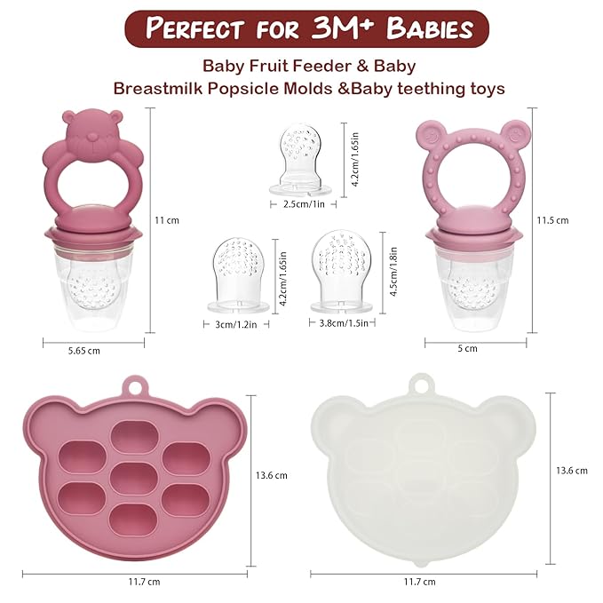 WAJIAYON Baby Breastmilk Popsicle Molds & Baby Fruit Feeder (4 Pack), Infant Food Freezer Tray Storage Containers, Silicone Teething Pacifier Feeder and Teether for Babies,Silicone Feeder(Pink)