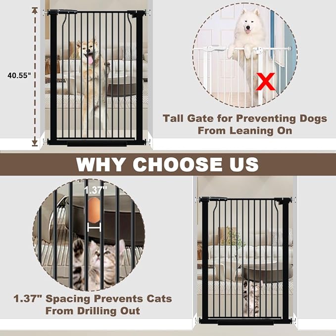 41" Extra Tall Baby Gate With Door, 40.6-54.7 In Wide Dog Gates for Doorways Stairs, Walk Through Large Pet Gate Indoor, Pressure Mounted Child Safety Gates for Kids Puppy Doggie Metal Black