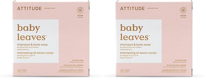ATTITUDE Baby Plastic-Free Shampoo and Body Soap Bar, EWG Verified, Dermatologically Tested, Vegan, Unscented, 3 Ounces (Pack of 2)