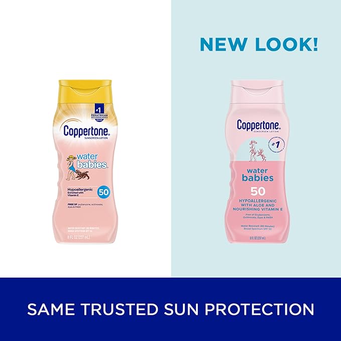Coppertone WaterBabies Baby Sunscreen Lotion SPF 50, Hypoallergenic Sunscreen for Babies, Water Resistant, Pediatrician Recommended, 8 Fl Oz Bottle (Pack of 2)