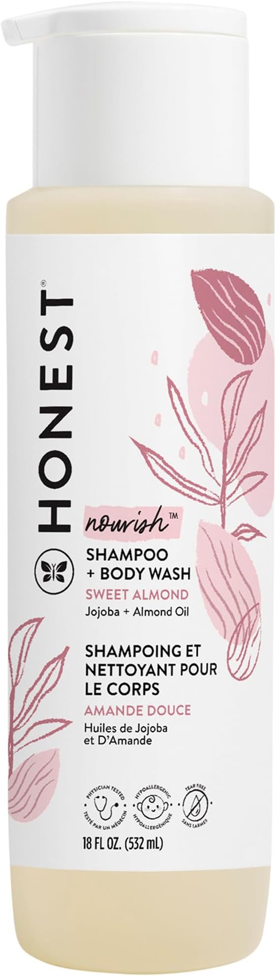 The Honest Company 2-in-1 Cleansing Shampoo Body Wash Gentle for Baby, Naturally Derived Tear-free, Hypoallergenic, Sweet Almond Nourish, 18 fl oz