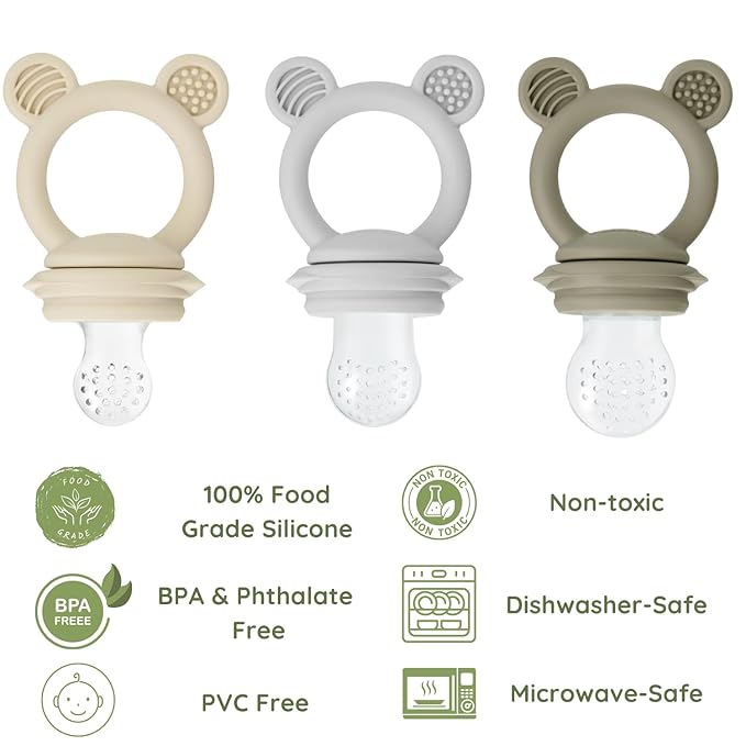 PandaEar 3 Pack Baby Fruit & Food Feeder Pacifier, Silicone Feeder Pacifier with 3 Sizes Pouches for Babies Toddlers Infants Kids, BPA-Free Food Grade Soft Safe (Tan/Grey/Brown)