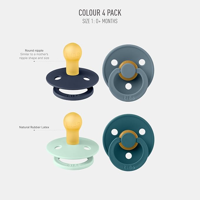 BIBS Pacifiers - Colour 4 Pack | Round Nipple Baby Pacifier | BPA Free Natural Rubber Latex Soother | Made in Denmark | Size 0-6 Months | Boy Colors