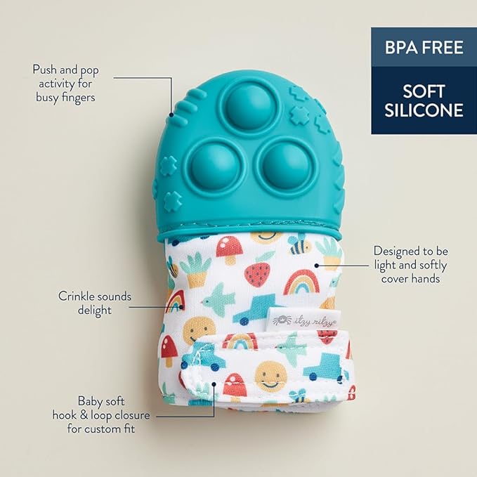 Itzy Ritzy Silicone Teething Mitt - Soothing Infant Teething Mitten with Adjustable Strap, Crinkle Sound & Textured Silicone to Soothe Sore & Swollen Gums - for Ages 3 Months & Up (Teal)