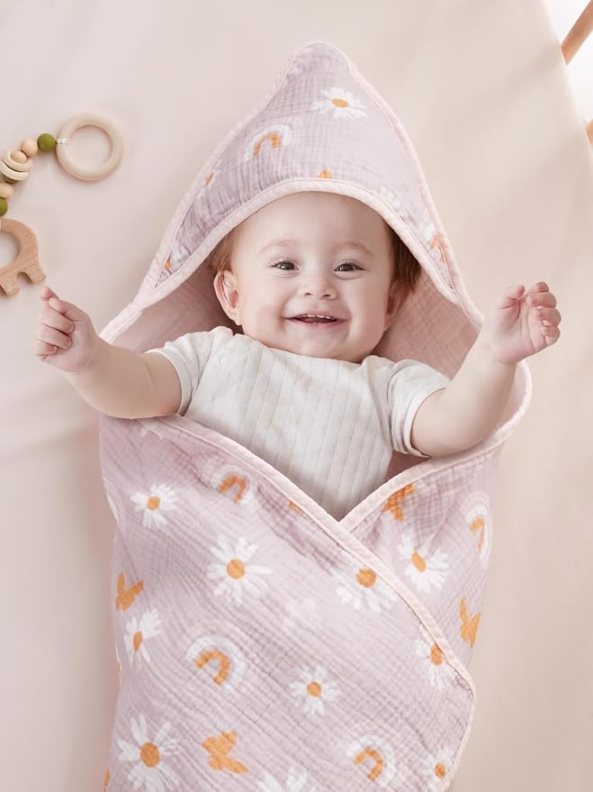 TILLYOU Muslin Hooded Baby Towels for Newborn 2 Pack, 32x32Inch Soft Baby Bath Towel Highly Absorbent for Newborn and Infant, Essential for Newborn Care, Pink Butterfly