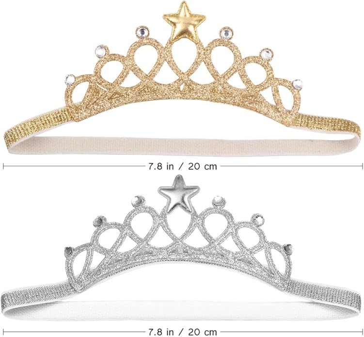 Beaupretty 2PCS Baby Girls Crystal Crown Tiara Hair Belt Headband Soft Headwrap Princess Headpiece Children Hair Accessories for Birthday Party, Photography (Silver+Gold)